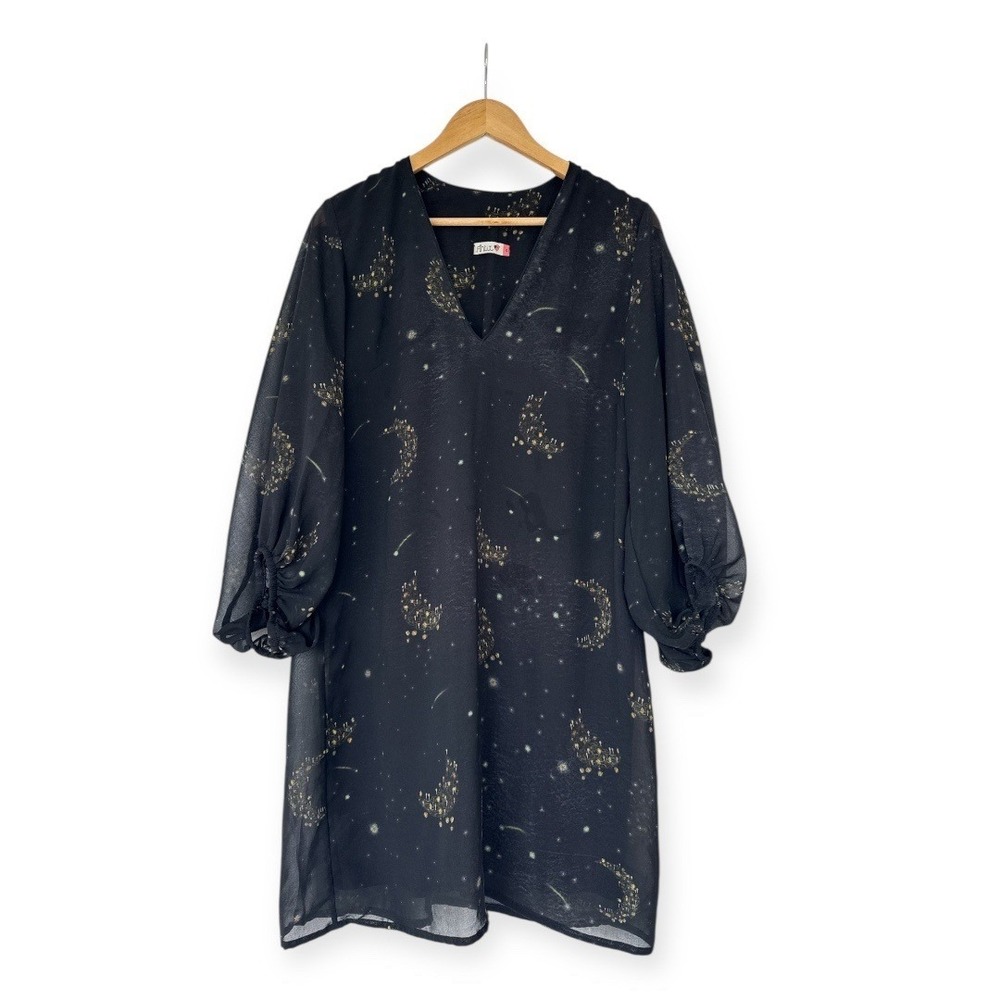 Whimsigoth Celestial Moon Star Sheer Dress L‎ Balloon Sleeve Witchy Goth